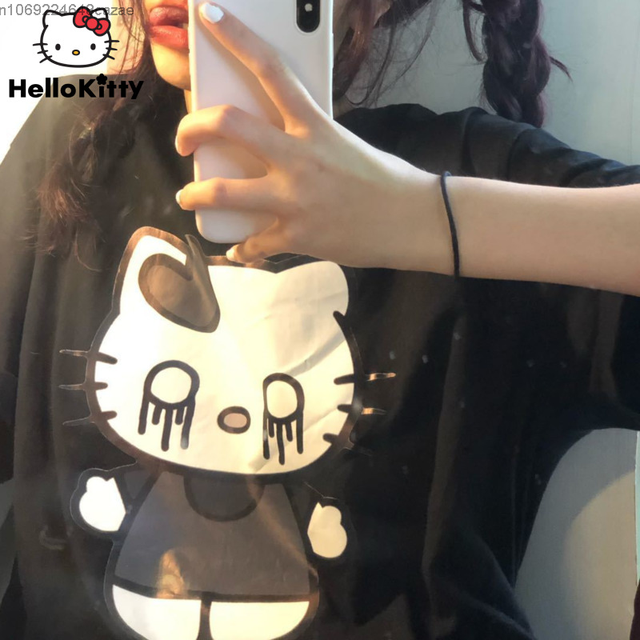 Sanrio Hello Kitty Dark Style Graffiti T-shirt Y2k Harajuku Streetwear  Couple Tops Soft Cotton Halloween